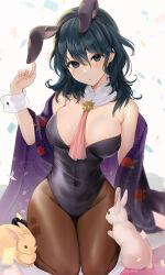 Rule 34 | 1girl, absurdres, alternate costume, animal ears, ascot, bare shoulders, blue eyes, blue hair, breasts, byleth (female) (fire emblem), byleth (fire emblem), chinese zodiac, cloak, commentary request, confetti, detached collar, egasumi, fire emblem, fire emblem: three houses, hair between eyes, happy new year, haru (nakajou-28), highres, large breasts, leotard, navel, new year, nintendo, pantyhose, patterned background, playboy bunny, purple cloak, rabbit, rabbit ears, red ascot, see-through, see-through legwear, skindentation, solo, sun, thighs, white background, wrist cuffs, year of the rabbit