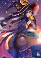 Rule 34 | 1girl, absurdres, ass, blue eyes, breasts, cape, detached sleeves, eating, food, from behind, genshin impact, gloves, hair ornament, hat, highres, huge ass, leotard, long hair, looking at viewer, medium breasts, mona (genshin impact), negaska, pantyhose, purple hair, shiny clothes, shiny skin, sideboob, solo, thighlet, twintails, very long hair