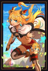 Rule 34 | 1boy, 1girl, :d, ahoge, artist name, bikini, bikini top only, black bikini, blonde hair, blue eyes, blue sky, breasts, cape, cleavage, cloud, dagger, day, dragalia lost, ezelith, fang, floating hair, fur trim, hair ornament, hentaki, highres, holding, holding dagger, holding knife, holding weapon, knife, long hair, looking at viewer, mini person, miniboy, navel, open mouth, red shorts, shoes, short shorts, shorts, sky, small breasts, smile, stomach, striped clothes, striped thighhighs, swimsuit, thighhighs, two side up, vertical-striped clothes, vertical-striped thighhighs, weapon, white cape, white footwear