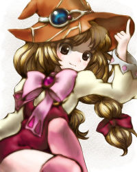 Rule 34 | 1girl, beryl benito, blonde hair, bow, brown eyes, grey background, hat, long hair, lowres, ribbon, smile, tales of (series), tales of hearts, thighhighs, wide sleeves, witch hat