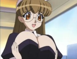 Rule 34 | 1girl, animated, animated gif, breast lift, breast press, breasts squeezed together, breasts, bursting breasts, cleavage, glasses, huge breasts, kuribayashi yayoi, looping animation, lowres, mouse (anime), round eyewear, solo, tagme