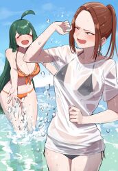 2girls ahoge ayatak0517 bikini black_bikini breasts brown_hair closed_eyes day green_hair highres komi-san_wa_komyushou_desu large_breasts light_blush long_hair medium_breasts mole mole_under_mouth multiple_girls navel ocean onemine_nene open_mouth orange_bikini otori_kaede outdoors see-through_clothes see-through_shirt shirt splashing swimsuit water wet wet_clothes wet_shirt