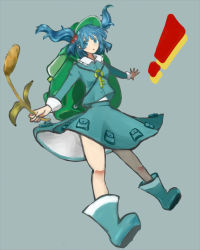 Rule 34 | 1girl, backpack, bad id, bad pixiv id, bag, blue eyes, blue hair, boots, cattail, dress, full body, hair bobbles, hair ornament, hat, highres, kawashiro nitori, key, long sleeves, looking at viewer, matching hair/eyes, open mouth, plant, pocket, rubber boots, short hair, short twintails, simple background, skirt, skirt set, solo, touhou, twintails, two side up, yukiru (zoroacute)