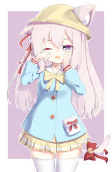 Rule 34 | 1girl, absurdres, animal ear fluff, animal ears, azur lane, bad id, bad pixiv id, bell, blue shirt, blush, bow, breasts, brown background, cat ears, cat girl, cat tail, child, commentary request, crying, crying with eyes open, ears through headwear, hair ribbon, hands up, hat, highres, jingle bell, kindergarten uniform, kisaragi (azur lane), long hair, one eye closed, one side up, open mouth, outline, pink hair, pleated skirt, poppypilf, purple eyes, red bow, red ribbon, ribbon, sailor collar, school hat, shirt, skirt, small breasts, solo, tail, tail bell, tail bow, tail ornament, tears, thighhighs, two-tone background, very long hair, white background, white outline, white sailor collar, white thighhighs, wiping tears, yellow bow, yellow hat, yellow skirt