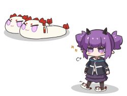 Rule 34 | 1girl, arknights, black jacket, black pantyhose, blush stickers, commentary, dragon bubble (arknights), ear piercing, horns, jacket, lava (arknights), layered skirt, mabing, nian (arknights), pantyhose, piercing, pink eyes, pointy ears, purple eyes, purple hair, purple skirt, simple background, skirt, slippers, solo, sparkle, twintails, white background, white footwear