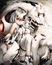 Rule 34 | 10s, 1girl, abyssal ship, breasts, cleavage, glowing, glowing eyes, heavy cruiser princess, highres, horns, kajaneko, kantai collection, long hair, looking at viewer, solo, striped clothes, striped thighhighs, thighhighs, white hair, white thighhighs
