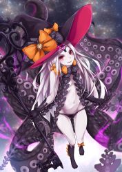 Rule 34 | 1girl, abigail williams (fate), abigail williams (third ascension) (fate), black bow, black hat, black panties, bow, fate/grand order, fate (series), from above, glowing, glowing eye, grey hair, hat, hat bow, highres, kashiwagi yamine, long hair, looking at viewer, looking up, navel, orange bow, pale skin, panties, print bow, red eyes, revealing clothes, smile, solo, star (symbol), star print, suction cups, tentacles, third eye, topless, underwear, very long hair, witch hat