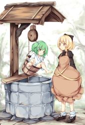 Rule 34 | 2girls, arms at sides, bad id, bad twitter id, barefoot, black bow, black footwear, blonde hair, blush, bobby socks, bow, brown dress, brown eyes, bucket, dress, full body, green eyes, green hair, hair bobbles, hair bow, hair ornament, highres, in bucket, in container, japanese clothes, juliet sleeves, kimono, kisume, kurodani yamame, long sleeves, looking at another, maremay0513, multiple girls, parted lips, ponytail, puffy sleeves, shoes, socks, standing, touhou, two side up, well, white legwear, wide sleeves