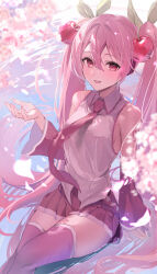 Rule 34 | 1girl, absurdres, armpit crease, bare shoulders, breasts, cherry blossoms, cherry hair ornament, collared shirt, day, detached sleeves, falling petals, feet out of frame, flower, food-themed hair ornament, from above, hair between eyes, hair ornament, hand up, hatsune miku, highres, holding, holding flower, long hair, looking at viewer, medium breasts, menomanome, miniskirt, necktie, open mouth, partially submerged, petals, pink eyes, pink hair, pink necktie, pink theme, pink thighhighs, sakura miku, shirt, sitting, skirt, sleeveless, sleeveless shirt, solo, thighhighs, twintails, very long hair, vocaloid, white shirt, zettai ryouiki