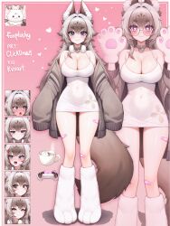 Rule 34 | 1girl, :3, @ @, absurdres, ahoge, anger vein, animal collar, animal ear fluff, animal ears, animal feet, animal hands, artist name, bandaid, bandaid on leg, blush, breasts, brown hair, brown jacket, character name, cleavage, clickdraws, collar, covered navel, dress, expressions, fox ears, fox girl, fox tail, foxplushy, glasses, gradient hair, grey eyes, headphones, headphones around neck, heart, heart-shaped pupils, heart collar, highres, indie virtual youtuber, jacket, large breasts, long hair, multicolored hair, open clothes, open jacket, open mouth, pink background, round eyewear, short dress, symbol-shaped pupils, tail, tearing up, virtual youtuber, white dress, white hair