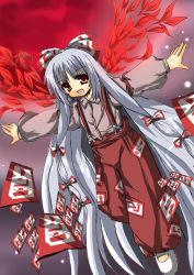 Rule 34 | 1girl, bow, female focus, fujiwara no mokou, hair bow, long hair, long sleeves, looking at viewer, multiple hair bows, ofuda, open mouth, oshiruko (uminekotei), outstretched arms, pants, petals, red eyes, red sky, shirt, shoes, sky, solo, suspenders, teeth, touhou, very long hair, white footwear, white hair