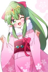 Rule 34 | 1girl, alternate costume, blush, commentary request, fire emblem, fire emblem: mystery of the emblem, green eyes, green hair, hair between eyes, headpiece, high ponytail, highres, japanese clothes, kimono, long hair, mmmera827, nintendo, one eye closed, open mouth, pink kimono, pointy ears, smile, solo, tiki (fire emblem), tiki (young) (fire emblem), white background