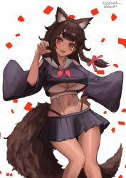 Rule 34 | 1girl, absurdres, animal ear fluff, animal ears, artist name, black shirt, black skirt, bra, breasts, brown hair, brown tail, cleavage, clothing cutout, commentary request, crop top, dark-skinned female, dark skin, dated, fang, feet out of frame, hair ribbon, hand on own hip, hand up, highres, large breasts, long hair, long sleeves, looking at viewer, midriff, mole, mole under eye, nanaushi, navel, neckerchief, open mouth, original, pleated skirt, red eyes, red neckerchief, red ribbon, ribbon, sailor collar, shirt, shoulder cutout, skirt, smile, solo, tail, underwear, white background, white bra, white sailor collar, wide sleeves, wolf ears, wolf girl, wolf tail