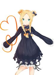 Rule 34 | 1girl, abigail williams (fate), absurdres, alternate costume, black bow, black dress, blonde hair, blood, bloomers, blue eyes, bow, braid, bug, butterfly, closed mouth, commentary request, double bun, dress, fate/grand order, fate (series), forehead, hair bow, hair bun, head tilt, heart, highres, insect, long hair, long sleeves, low twintails, orange bow, parted bangs, polka dot, polka dot bow, side bun, sleeves past fingers, sleeves past wrists, smile, solo, twin braids, twintails, underwear, white background, white bloomers, yukaa