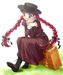 Rule 34 | 1girl, anne of green gables, anne shirley, aqua eyes, belt, boots, braid, dress, female focus, flower, full body, gradient background, hat, head rest, jpeg artifacts, long hair, long sleeves, mitsumomo mamu, nature, nippon animation, outdoors, red hair, ribbon, shoes, simple background, sitting, solo, suitcase, twin braids, white background, world masterpiece theater
