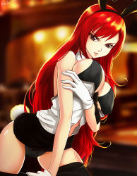 Rule 34 | 1girl, animal ears, artist name, black bra, black hairband, black panties, black pantyhose, black skirt, blurry, blurry background, bra, breasts, brown eyes, choker, cleavage, clothes lift, clothes pull, dress shirt, erza scarlet, esther shen, fairy tail, fake animal ears, fake tail, gloves, hairband, indoors, large breasts, long hair, looking at viewer, panties, pantyhose, pantyhose pull, parted lips, pulled by self, rabbit ears, rabbit tail, red hair, self exposure, shirt, sideboob, skirt, skirt lift, solo, standing, strapless, strapless shirt, tail, unbuttoned, unbuttoned shirt, underwear, v-shaped eyebrows, very long hair, white gloves, white shirt