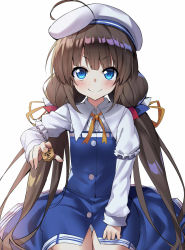 Rule 34 | 10s, 1girl, ahoge, beret, between fingers, blue dress, blue eyes, blush, board game, brown hair, closed mouth, commentary request, dress, google (asdek18), hat, highres, hinatsuru ai, holding, layered sleeves, long hair, long sleeves, low twintails, panties, panty peek, puffy short sleeves, puffy sleeves, ryuuou no oshigoto!, school uniform, shogi, short over long sleeves, short sleeves, simple background, sitting, smile, solo, twintails, underwear, v-shaped eyebrows, very long hair, white background, white hat, white panties
