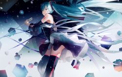 Rule 34 | 1girl, absurdly long hair, absurdres, black legwear, blue eyes, blue hair, corset, detached sleeves, dress, floating hair, from side, hair between eyes, hair ornament, hatsune miku, highres, holding, holding microphone, leg warmers, leiq, long hair, microphone, microphone stand, sleeveless, sleeveless dress, solo, standing, tattoo, twintails, very long hair, vocaloid