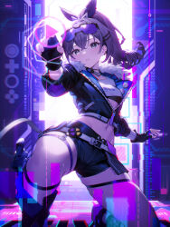 Rule 34 | 1girl, 95---, absurdres, black gloves, black jacket, black shorts, breasts, crop top, drill hair, drill ponytail, eyewear on head, fingerless gloves, gloves, goggles, goggles on head, grey eyes, grey hair, hair between eyes, highres, holographic interface, honkai: star rail, honkai (series), jacket, long hair, long sleeves, looking at viewer, medium breasts, navel, ponytail, shirt, shorts, silver wolf (honkai: star rail), single drill, small breasts, solo, thigh strap, thighs, white shirt