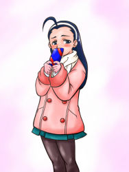 Rule 34 | 1girl, ahoge, blue eyes, blue hair, blush, coat, covering face, covering own mouth, covering privates, gift, hairband, iinchou (justice gakuen), justice gakuen, matching hair/eyes, momoiro kaba, momokaba, pantyhose, scarf, solo