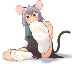 Rule 34 | 1girl, ahoge, animal ears, blue capelet, capelet, feet, female focus, foot focus, foreshortening, greenpiecerice, grey hair, hair between eyes, highres, leg up, looking at viewer, mouse ears, mouse girl, mouse tail, narrowed eyes, nazrin, no nose, red eyes, sitting, socks, soles, solo, sweat, sweatdrop, tail, touhou, variant set, white background, white socks