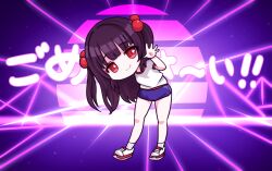 Rule 34 | 1girl, arm behind back, arm up, black hair, blue buruma, buruma, commentary, comodomodo, gym uniform, hair bobbles, hair ornament, leaning forward, long hair, looking at viewer, lulla (comodomodo), original, parody, red eyes, shirt, shoes, short sleeves, shukusei!! loli-gami requiem, smile, solo, standing, symbol-only commentary, thighs, two side up, waving, white footwear, white shirt