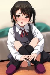 Rule 34 | 1girl, absurdres, bed, black hair, blurry, blurry background, blush, brown eyes, collared shirt, crossed legs, grey overalls, grey skirt, highres, indoors, looking at viewer, matsunaga kouyou, medium hair, open mouth, original, overalls, panties, school uniform, shirt, sitting, skirt, slippers, smile, socks, solo, striped clothes, striped panties, teeth, twintails, underwear, uniform, upper teeth only, white panties, white shirt, wooden floor