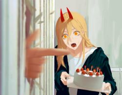 Rule 34 | + +, 2girls, birthday cake, black jacket, blonde hair, blouse, broken door, cake, candle, chainsaw man, commentary, cross-shaped pupils, demon horns, door, english commentary, eyelashes, fangs, finger gun, food, fruit, hair between eyes, here&#039;s johnny! (meme), holding, holding cake, holding food, hood, hooded jacket, horns, jacket, keibleh, long hair, makima (chainsaw man), meme, motion blur, multiple girls, nervous, open clothes, open jacket, open mouth, parody, power (chainsaw man), sanpaku, sharp teeth, shirt, solo focus, strawberry, sweatdrop, symbol-shaped pupils, teeth, the shining, twitter username, upper body, white shirt, wide-eyed, yellow eyes
