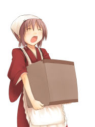 Rule 34 | 1girl, box, cardboard box, japanese clothes, jirou (chekoro), maid, open mouth, solo, tears, tenugui, wa maid