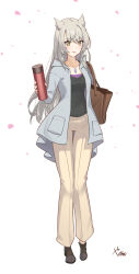 Rule 34 | 1girl, alternate costume, animal ear fluff, animal ears, bag, blue jacket, brown bag, cat ears, cat girl, chest jewel, closed mouth, collarbone, cup, falling petals, full body, grey hair, handbag, highres, holding, holding cup, jacket, long hair, looking at viewer, mio (xenoblade), open clothes, open jacket, pants, petals, signature, simple background, smile, solo, standing, white background, white pants, xenoblade chronicles (series), xenoblade chronicles 3, yanagimachi, yellow eyes
