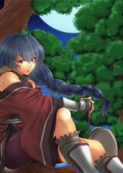 Rule 34 | 1girl, animal ears, blue eyes, blue hair, braid, collar, fingerless gloves, gloves, karulau, lips, long hair, looking at viewer, matching hair/eyes, moon, nagi fuumumare, night, parted lips, shorts, sitting, solo, tiger ears, tree, utawarerumono, vambraces, very long hair, wide sleeves