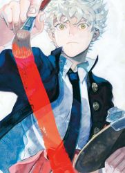 Rule 34 | 1boy, black jacket, blue period, buttons, cleaned, collared shirt, eyebrows, eyelashes, fingernails, hair between eyes, highres, jacket, long sleeves, looking at viewer, necktie, official art, paint, paintbrush, painting (object), red paint, school uniform, shirt, short hair, sleeves past elbows, solo, volume cover, white background, white hair, white shirt, yaguchi yatora, yamaguchi tsubasa, yellow eyes