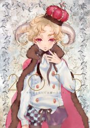 Rule 34 | 1girl, 2015, arm at side, arm up, black ribbon, blonde hair, buttons, cape, capelet, cloak, commentary request, crown, double-breasted, hand on own face, horns, long sleeves, looking to the side, murata tomohide, neck ribbon, original, pink cape, pink eyes, ribbon, sheep horns, shirt, short hair, solo, translation request, white shirt