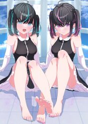 Rule 34 | 2girls, :d, absurdres, ahoge, arm support, bare shoulders, barefoot, black dress, black hair, blue eyes, blue hair, blue nails, blush, breasts, closed mouth, commentary request, crossed bangs, dress, elbow gloves, feet, foot focus, frilled dress, frills, gloves, godai 01, hair between eyes, highres, knees up, legs, looking at viewer, medium breasts, multicolored hair, multiple girls, nail polish, open mouth, original, pink eyes, pink hair, pink nails, ringed eyes, shadow, sidelocks, sitting, sleeveless, sleeveless dress, smile, soles, streaked hair, tile floor, tiles, toenail polish, toenails, toes, twintails, white gloves, window