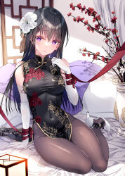 Rule 34 | 1girl, bare shoulders, black dress, black hair, blush, bow, breasts, china dress, chinese clothes, covered navel, dress, elbow gloves, floral print, flower, gloves, hair flower, hair ornament, high heels, highres, kobayashi chisato, large breasts, long hair, looking at viewer, no panties, original, pantyhose, pelvic curtain, print dress, purple eyes, side slit, sitting, sleeveless, sleeveless dress, solo