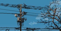 Rule 34 | blue sky, cable, cloud, donald0nikuniku, highres, no humans, original, outdoors, pixel art, power lines, scenery, sky, transformer, tree, utility pole, wire