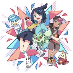 Rule 34 | 1boy, 1girl, :d, black hair, black shorts, brown shorts, coat, commentary request, cowlick, creatures (company), fuecoco, game freak, green coat, green eyes, hair ornament, hairclip, hand up, hat, highres, holding, holding poke ball, liko (pokemon), nintendo, open clothes, open coat, open mouth, poke ball, poke ball (basic), pokemon, pokemon (anime), pokemon (creature), pokemon horizons, pokemon horizons, quaxly, roy (pokemon), sandals, shirt, shoes, shorts, smile, socks, sprigatito, starter pokemon trio, sutokame, teeth, tongue, upper teeth only, white footwear, white shirt, white socks, yellow bag