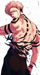 Rule 34 | 1boy, absurdres, arm tattoo, ass, back, back tattoo, black pants, closed mouth, cowboy shot, extra eyes, facial tattoo, forehead tattoo, from behind, head tilt, highres, jujutsu kaisen, litchi (taechiii2), looking back, male focus, muscular, muscular male, neck tattoo, outstretched arm, pants, pink hair, red eyes, ryoumen sukuna (jujutsu kaisen), short hair, shoulder tattoo, solo, tattoo, torn clothes, undercut
