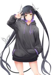 Rule 34 | 1girl, nanashi inc., absurdres, alternate costume, black hair, black hoodie, blunt bangs, blush, brown pantyhose, commentary request, demon girl, demon horns, demon tail, feet out of frame, grin, hand in pocket, highres, hood, hood down, hoodie, horns, kojo anna, long hair, looking at viewer, multicolored hair, pantyhose, pointy ears, purple hair, robou no stone, simple background, smile, solo, streaked hair, tail, transparent background, twintails, very long hair, virtual youtuber, w, yellow eyes