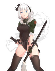 Rule 34 | 1girl, absurdres, blue eyes, blunt bangs, breasts, commentary request, expressionless, feet out of frame, fur trim, girls&#039; frontline, gloves, hair ornament, headphones, hei chuan gui, highres, holding, large breasts, leotard, looking at viewer, pp-19 (girls&#039; frontline), short hair, solo, standing, thighhighs, thighs