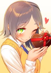 Rule 34 | 1girl, ;), black hair, blew andwhite, blouse, box, chocolate, gift, gift box, gradient background, green eyes, hair ornament, hairclip, heart-shaped box, highres, holding, holding box, kantai collection, kuroshio (kancolle), looking at viewer, one eye closed, school uniform, shirt, short hair, simple background, smile, solo, upper body, valentine, vest, white background, white shirt, yellow background
