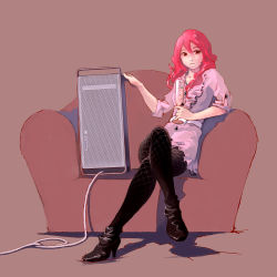 Rule 34 | 1girl, alcohol, apple inc., bad id, boots, champagne, computer, couch, dress, fishnet pantyhose, fishnets, frills, glass, high heels, highres, leaning, legs, crossed legs, long hair, macintosh, original, pantyhose, pc personification, pomodorosa, red eyes, red hair, shoes, sitting, skirt, sleeves rolled up, solo, wavy hair