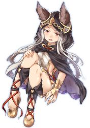 Rule 34 | 10s, 1girl, animal ears, barefoot, cape, cat ears, cloak, ears through headwear, fang, from above, granblue fantasy, hand on own knee, highres, hood, hooded cloak, kouri maguro, long hair, looking at viewer, open mouth, red eyes, scathacha (granblue fantasy), shoes, silver hair, single shoe, sitting, slit pupils, solo, thighs