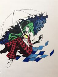 Rule 34 | 1girl, ascot, colored skin, commentary request, flat chest, frilled umbrella, frills, green eyes, green hair, hair over one eye, highres, holding, holding umbrella, kaigen 1025, kazami yuuka, kazami yuuka (pc-98), long hair, long sleeves, open clothes, open vest, pants, parasol, plaid, plaid pants, plaid vest, red pants, red vest, shirt, simple background, sitting, socks, solo, touhou, touhou (pc-98), umbrella, vest, white background, white shirt, white skin, white socks, yellow ascot
