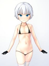 Rule 34 | 1girl, arms at sides, bare arms, bare shoulders, bikini, black bikini, black gloves, blunt bangs, blush, cleft of venus, closed mouth, collarbone, cowboy shot, flat chest, gloves, grey background, groin, highres, light frown, looking at viewer, lowleg, lowleg bikini, micro bikini, navel, original, pussy, pussy peek, short hair, silver hair, simple background, skindentation, solo, standing, stomach, string bikini, swimsuit, thighhighs, tsurime, uncensored, urepito honke, white thighhighs