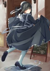 Rule 34 | 1girl, absurdres, apron, black footwear, black hair, black shirt, black skirt, blush, cafe stella to shinigami no chou, closed mouth, commentary request, day, english text, from behind, full body, hair between eyes, hair bun, half-closed eyes, hands up, happy, haribo no suke, hat, highres, long sleeves, looking at viewer, looking back, maid, maid apron, mary janes, medium hair, mob cap, outdoors, pantyhose, puddle, shiki natsume, shirt, shoes, single hair bun, skirt, skirt hold, smile, solo, split mouth, standing, standing on one leg, tsurime, white apron, white hat, white pantyhose, yellow eyes