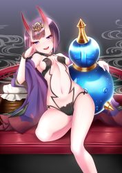 Rule 34 | 1girl, alcohol, breasts, fangs, fate/grand order, fate (series), highres, horns, japanese clothes, kimono, looking at viewer, megatama, midriff, navel, oni, open mouth, sake, short hair, shuten douji (fate), shuten douji (first ascension) (fate), small breasts, smile, solo