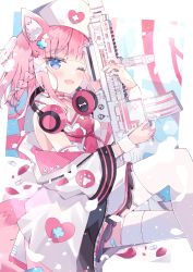 Rule 34 | 1girl, animal ear fluff, animal ears, aoi yugina, assault rifle, bandaid, bare shoulders, blue eyes, blunt bangs, blush, braid, collared shirt, dog ears, fang, from side, gun, hair ornament, hands up, hat, headphones, highres, holding, holding gun, holding weapon, jacket, long sleeves, looking at viewer, looking to the side, medium hair, messy hair, nurse cap, off shoulder, open mouth, original, paw print, pink hair, rifle, shirt, sidelocks, sitting, skin fang, smile, solo, thighhighs, thighs, weapon, white thighhighs, wide sleeves, wrist cuffs, x hair ornament