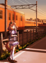 Rule 34 | 1girl, animal ears, bag, blurry, blurry background, bow, breasts, brown eyes, brown footwear, commentary request, ear covers, evening, fence, from behind, full body, highres, horse ears, horse girl, horse tail, kneehighs, light blush, loafers, looking at viewer, medium breasts, medium hair, motion lines, multicolored hair, nice nature (umamusume), parted lips, pleated skirt, puffy short sleeves, puffy sleeves, purple bow, railroad tracks, red hair, satomura kyou, shoes, short sleeves, shoulder bag, skirt, skyline, socks, solo, streaked hair, summer uniform, tail, train, twintails, umamusume, white skirt, white socks, wooden fence