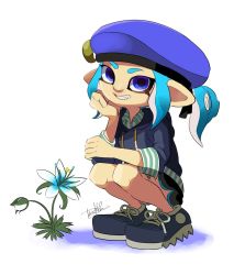 Rule 34 | 1girl, beret, black shorts, blue eyes, blue footwear, blue hair, blue hat, blue hoodie, collared shirt, drawstring, fang, flower, grin, hand up, hat, highres, hood, hood down, hoodie, isamu-ki (yuuki), light blue hair, long hair, nintendo, octoling, octoling girl, octoling player character, ponytail, shirt, shoelaces, shoes, shorts, simple background, smile, solo, splatoon (series), squatting, striped clothes, striped shirt, suction cups, white background
